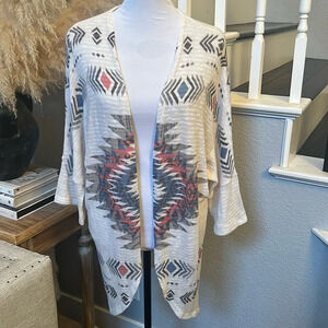 Mauve Tan & Burgundy Aztec Print Open Front Sweater WRAP Size Large